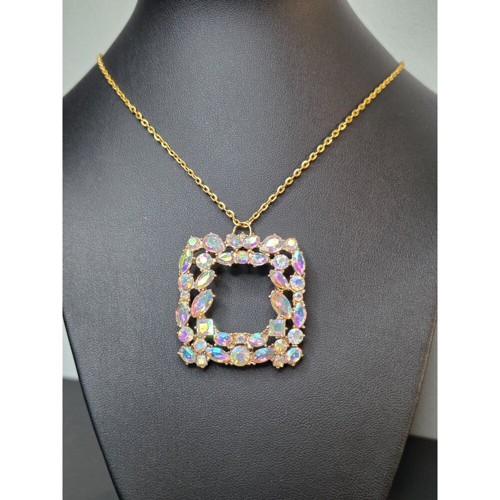 Iridescent Aurora Borealis Rhinestone Square Pendant Necklace